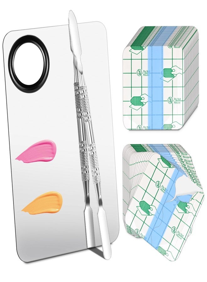 VUTHLRV Makeup Mixing Palette Set, Makeup Hand Palette Single Use Makeup Mixing Tray Disposable Adhesive Cosmetic Makeup Palette Transparent Makeup Tape, Stainless Steel Foundation Mixing Palette with Spatula - Image 1
